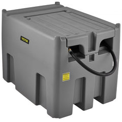 Gray 116-gallon portable diesel tank with a 12V pump and reinforced hose for efficient fueling.