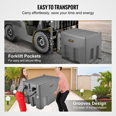 Gray 116-gallon portable diesel tank with 12V pump and reinforced hose for easy fueling.