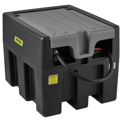 Black 58-gallon portable diesel tank with a 12V pump and reinforced hose for fuel transfer.