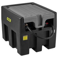 Black 58-gallon portable diesel tank with a 12V pump and reinforced hose for fuel transfer.