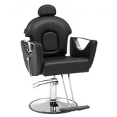 Black PU leather barber chair with hydraulic pump, swivel, and adjustable reclining backrest.