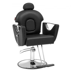 Black PU leather barber chair with hydraulic pump, swivel, and adjustable reclining backrest.