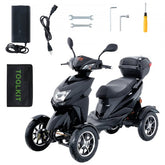 Black Bostome 4-wheel heavy-duty mobility scooter with battery, charger, tool kit, and accessories.