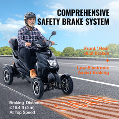 Man riding Bostome heavy duty 4-wheel mobility scooter on road, showing 16.4 ft braking distance.