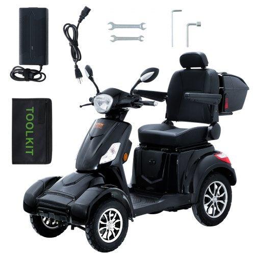 Black 4-wheel heavy-duty mobility scooter with seat, basket, charger, and tool kit.