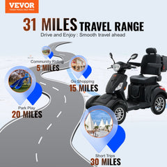 Black Bostome heavy duty 4-wheel mobility scooter with 31-mile range shown on a road map.