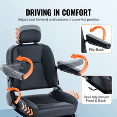 Adjustable black mobility scooter seat with forward-backward movement, flip-back, and armrests.