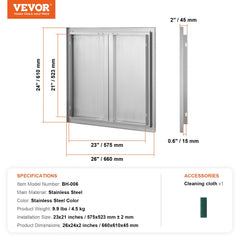 Stainless steel double BBQ access door with flush mount and hidden handles, measuring 26"x24".