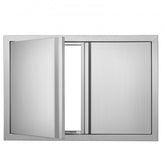 Stainless steel double BBQ access door with reversible doors and magnetic closures for outdoor kitchens.
