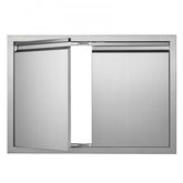 Stainless steel double BBQ access door with flush mount and recessed handles for outdoor kitchens.