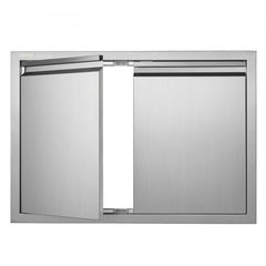 Stainless steel double BBQ access door with flush mount and recessed handles for outdoor kitchens.