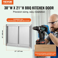 Stainless steel double BBQ access door with flush mount design and recessed handles.