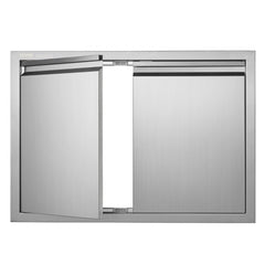 Stainless steel double BBQ access door with a flush mount design and recessed handles.