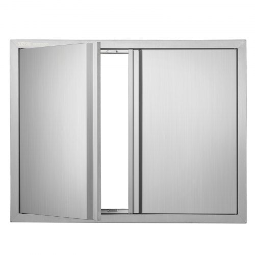 Stainless steel double access door for BBQ island, featuring hidden handles and seamless frame.