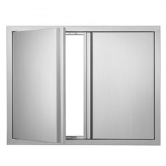 Stainless steel double access door for BBQ island, featuring hidden handles and seamless frame.