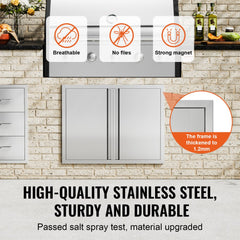 Stainless steel double access door for BBQ island with hidden handles and reversible hinges.