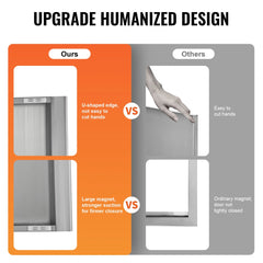 Comparison chart showing upgraded U-shaped edge, large magnet, and ergonomic handles in orange versus standard design in gray.