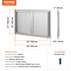 Stainless steel double BBQ access door with magnetic closure and reversible door design.