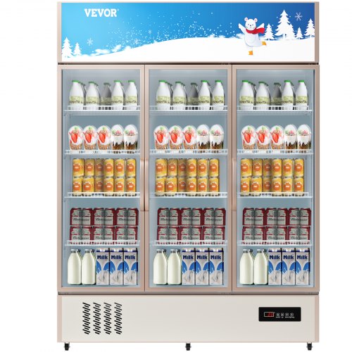 Bostome 35 cu.ft. triple swing door commercial beverage cooler with glass doors and LED lights, stocked with drinks.
