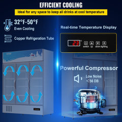 Bostome 35 cu.ft. triple swing door commercial beverage cooler with glass doors and LED lights.