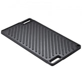 Reversible cast iron grill griddle with a pre-seasoned non-stick surface and ergonomic handles.