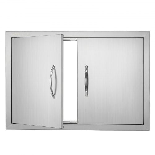 Stainless steel double BBQ access door measuring 28"x19" with ergonomic handles and magnetic closure.