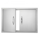 Stainless steel double BBQ access door measuring 28"x19" with ergonomic handles and magnetic closure.