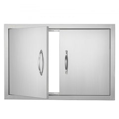 Stainless steel double BBQ access door measuring 28"x19" with ergonomic handles and magnetic closure.