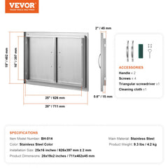 Stainless steel double BBQ access door measuring 28"x19" with magnetic closure and ergonomic handles.