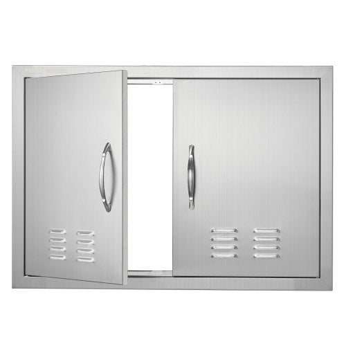 Stainless steel double BBQ access door with louvered vents and ergonomic handles, one door open.
