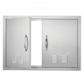 Stainless steel double BBQ access door with louvered vents and ergonomic handles, one door open.