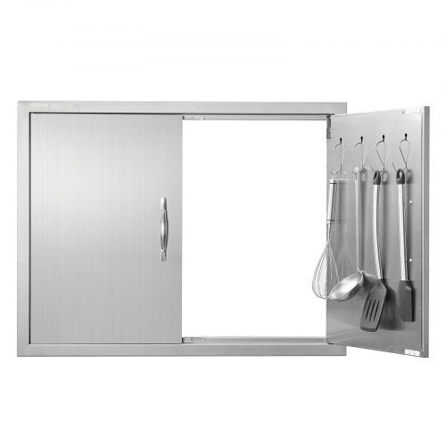 Stainless steel double BBQ access door with reversible panels and built-in utensil hooks.