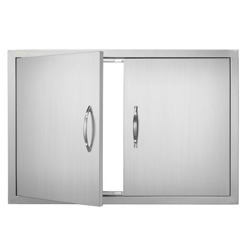 Stainless steel BBQ access door, 33x22 inches, flush mount with open left panel and handles.