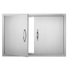 Stainless steel BBQ access door, 33x22 inches, flush mount with open left panel and handles.