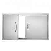 Stainless steel BBQ access door with two handles, one door open, flush mount design.