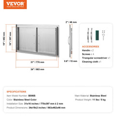 34x19 inch stainless steel BBQ access door with flush mount design, dimensions, and accessories.