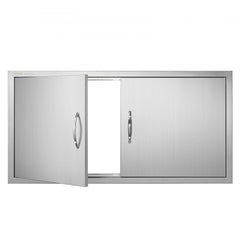 Stainless steel double BBQ access door measuring 42"x21" with ergonomic handles and flush mount design.