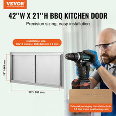 Stainless steel double BBQ access door measuring 42"x21" with ergonomic handles and flush mount design.
