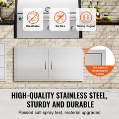 Stainless steel double BBQ access door measuring 42"x21" with ergonomic handles and flush mount design.