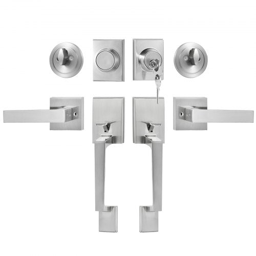 Satin nickel double door handle set with square lever and adjustable hole spacing for easy installation.