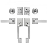 Satin nickel double door handle set with square lever and adjustable hole spacing for easy installation.