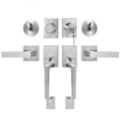 Satin nickel double door handle set with square lever and adjustable hole spacing for easy installation.