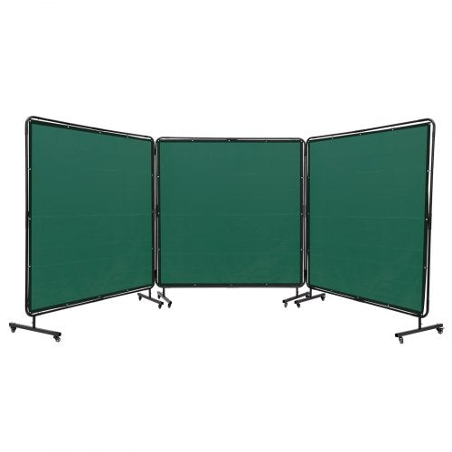 Three-panel green flame-resistant welding screen, 6x6 ft panels on wheels.