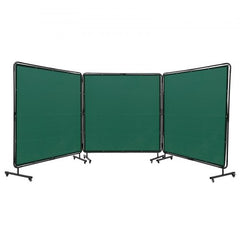Three-panel green flame-resistant welding screen, 6x6 ft panels on wheels.