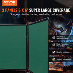 Three-panel green flame-resistant welding screen, 6x6 ft panels, on wheels.