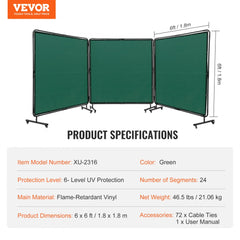Three-panel green flame-resistant welding screen, 6x6 ft panels with wheels on metal frame.