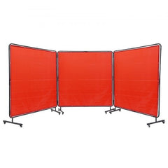 Red flame-resistant vinyl welding screen with three 6x6 ft panels and 12 swivel wheels.