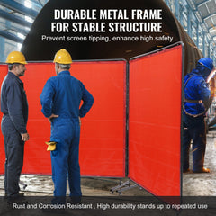 Red flame-resistant vinyl welding screen with three 6x6 ft panels and swivel wheels.