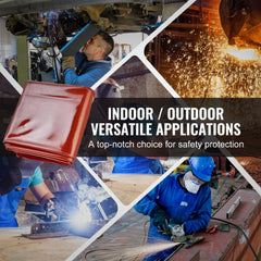 Red flame-resistant vinyl welding screen with three 6x6 ft panels and 12 swivel wheels.