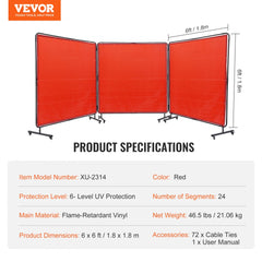 Red flame-resistant vinyl 3-panel welding screen with swivel wheels for mobility and stability.